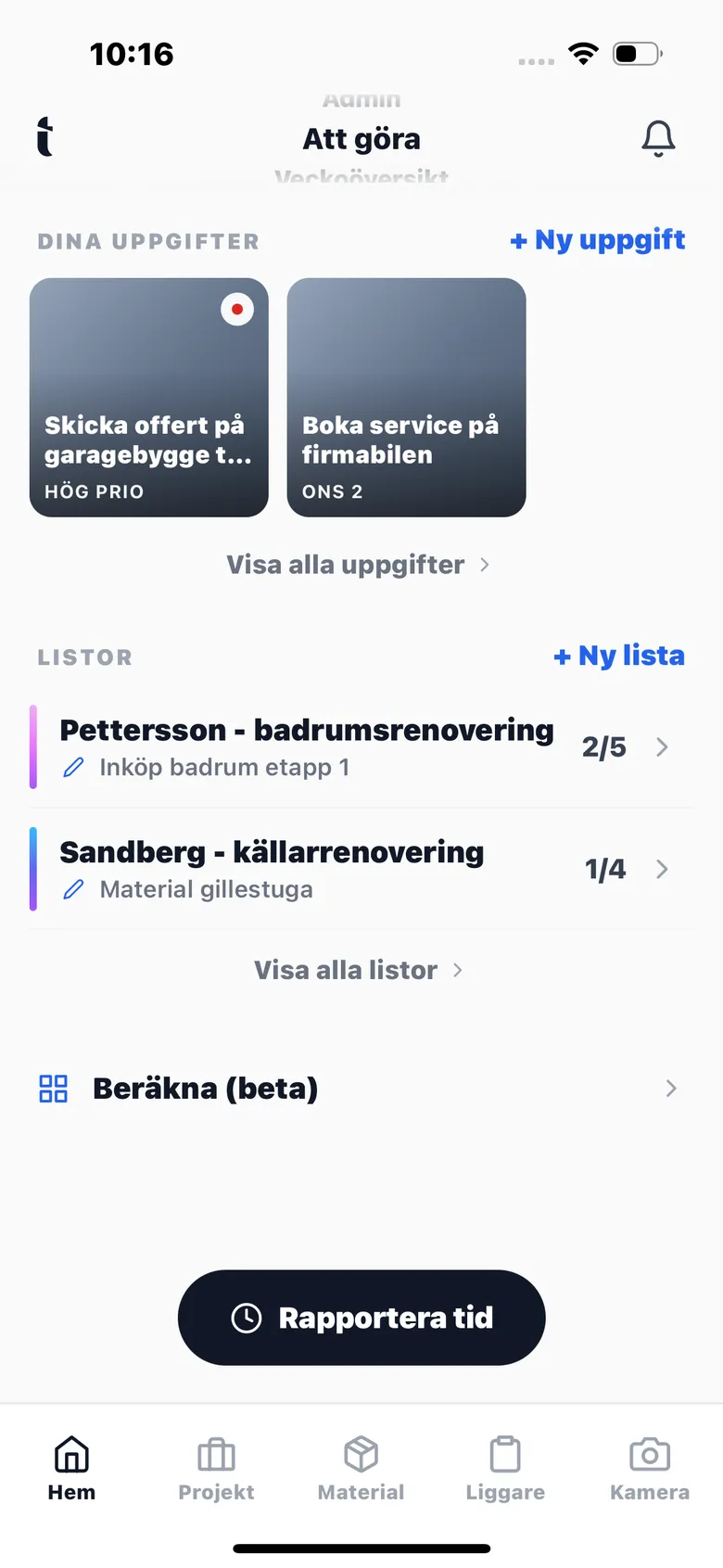 Att göra-vyn i Tida med dagens uppgifter och delade listor