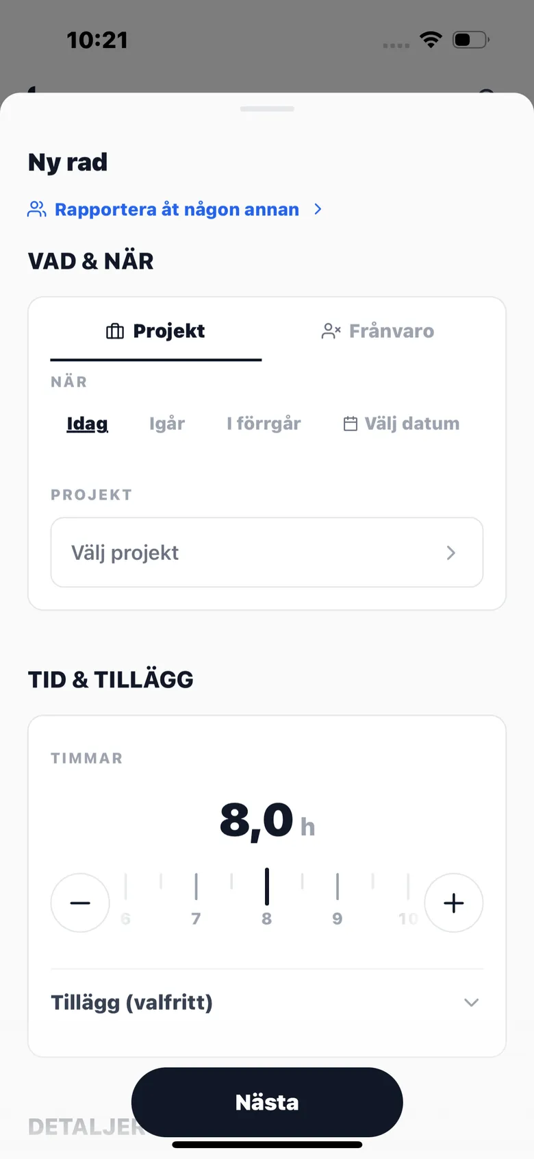 Tidrapportering i Tida: välj projekt och timmar med hjulet