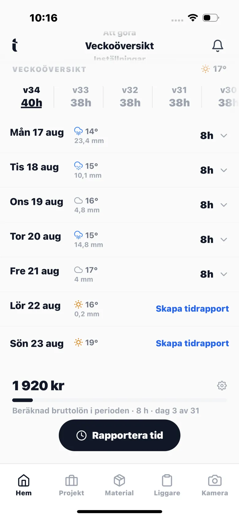Tidas veckoöversikt i ljust och mörkt läge
